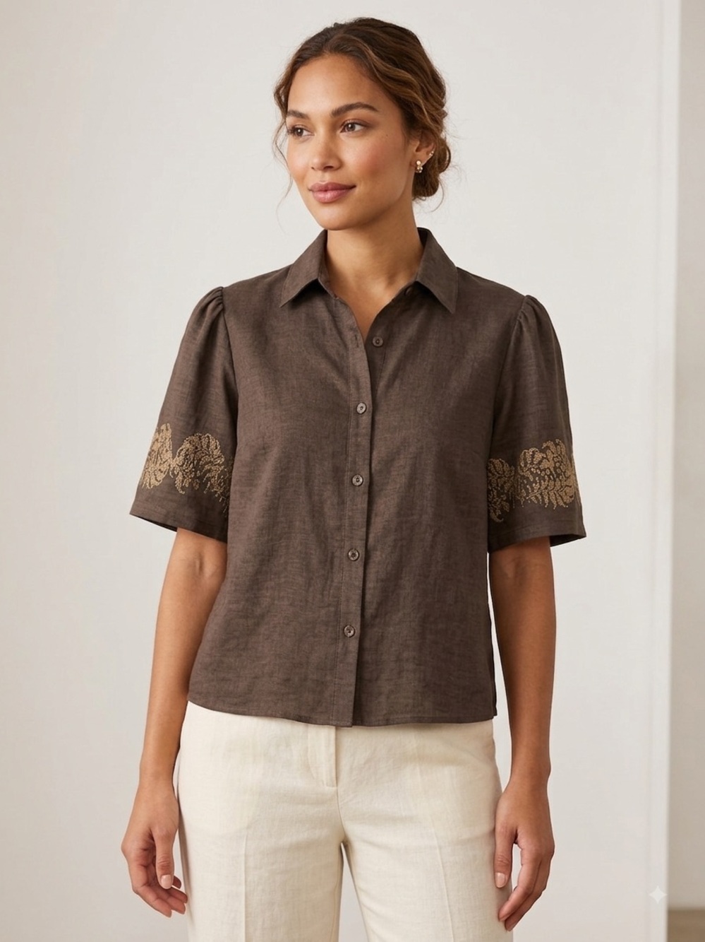 Embroidered Short-Sleeve Button-Front Brown Shirt